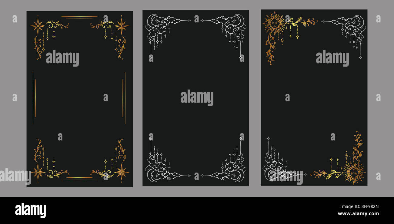 Drei schwarze Tarot-Rahmen mit handgezeichneten himmlischen Ornamenten in Gold und Silber, die Mond-, Sonnen- und Sternenmotiven zeigen Stock Vektor