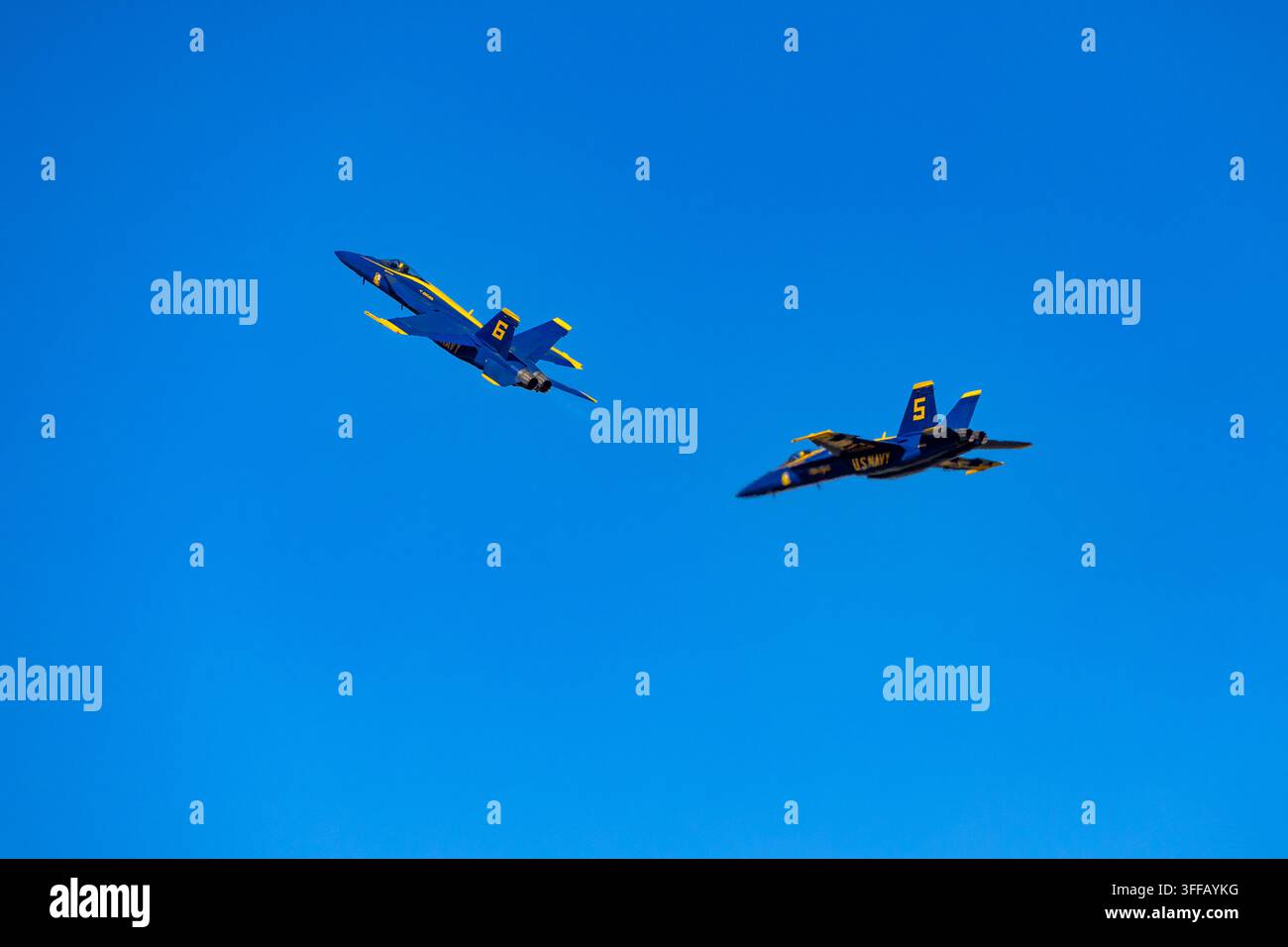 Meridian, MS - 28. März 2026: Zwei U.S. Navy Blue Angels-Flugzeuge fliegen gemeinsam während einer Flugvorführung vor einem klaren blauen Himmel. Stockfoto