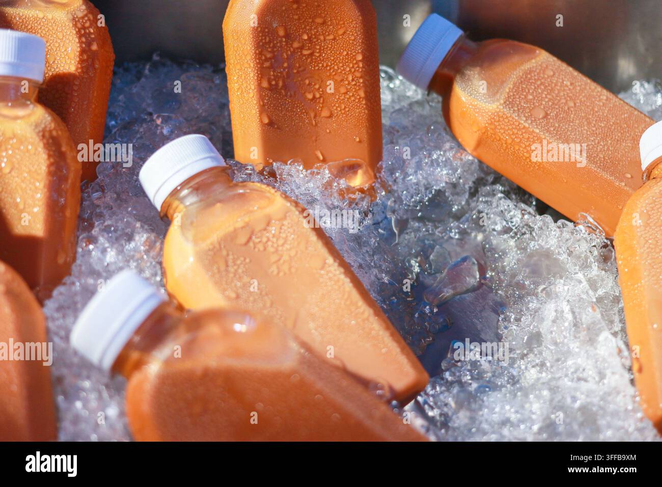 Nahaufnahme von Plastikflaschen mit Eistee, die unter hellem Sonnenlicht auf zerstoßenem Eis mit Kondenswasser bedeckt sind Stockfoto