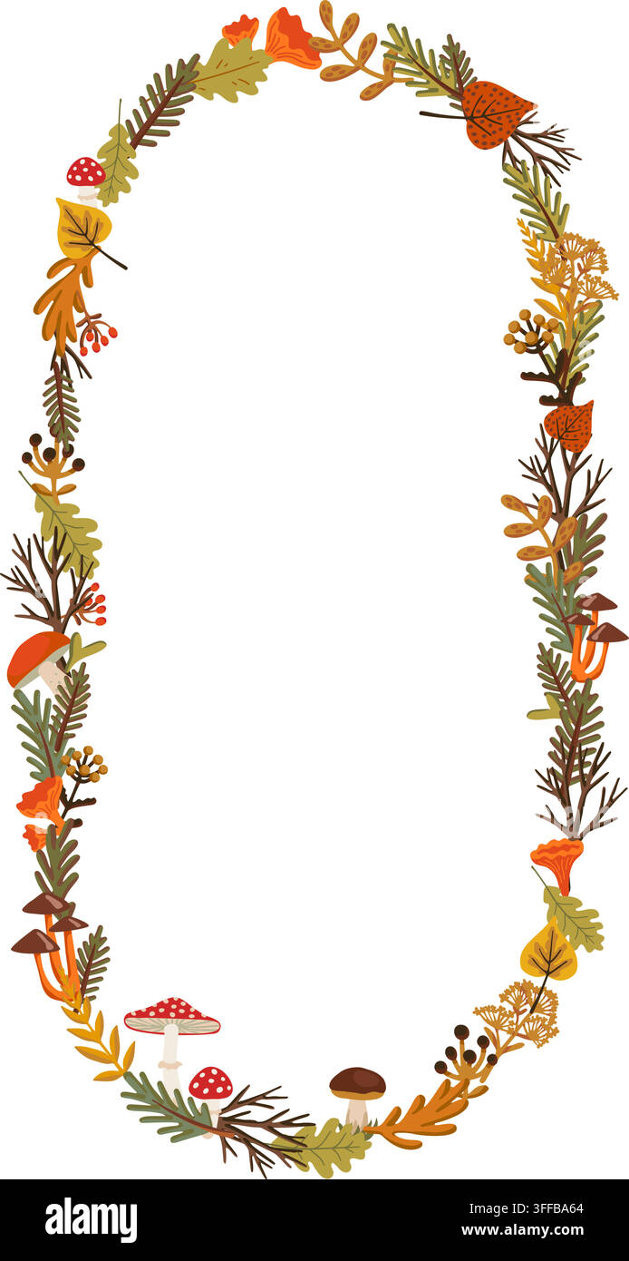 Herbstlicher Bogenrahmen mit Kiefer, Pilz und Waldlaub, um Fliegenpilze, Pfifferlinge und Beeren gewickelt. Vektor-Kranz mit leerem Mittelteil für Stock Vektor