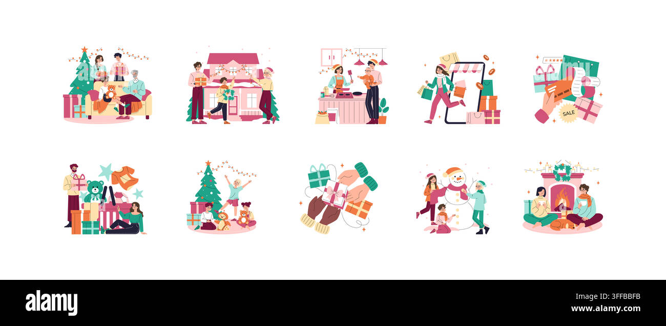 Weihnachtsfeiertags-Vektor-Illustrationsset mit Familie, die zu Hause feiert, online einkauft, Geschenke austauscht, gemeinsam kocht, einen Schneemann baut und am Kamin entspannt Stock Vektor