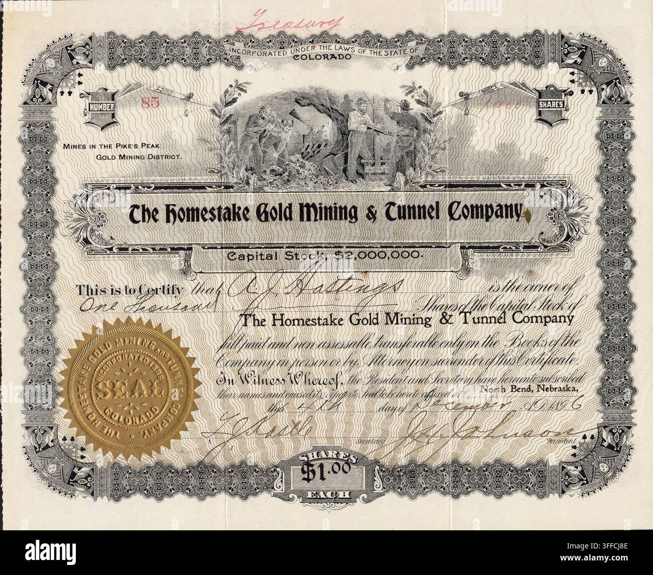 1896 Homestake Gold Mining and Tunnel Company Aktienzertifikat - Minen im Pikes Peak Gold Mining District - Colorado, USA Stockfoto