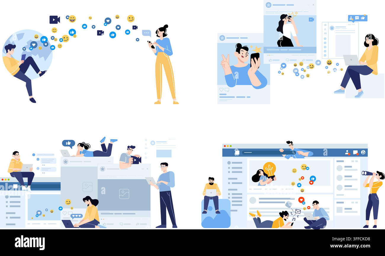 Vektorset für Social-Media-Interaktionen mit Menschen, die Inhalte teilen, Selfies posten, Online-Kommunikation, Chat-Symbole und Web-Post-Rahmen. Stock Vektor