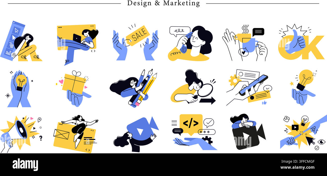 Design- und Marketing-Vektor-Ikonen-Set mit Sale-Tag, Megafon-Promotion, Glühbirnen-Idee, Videokamera, Codierungszeichen und Kundensupport. Stock Vektor