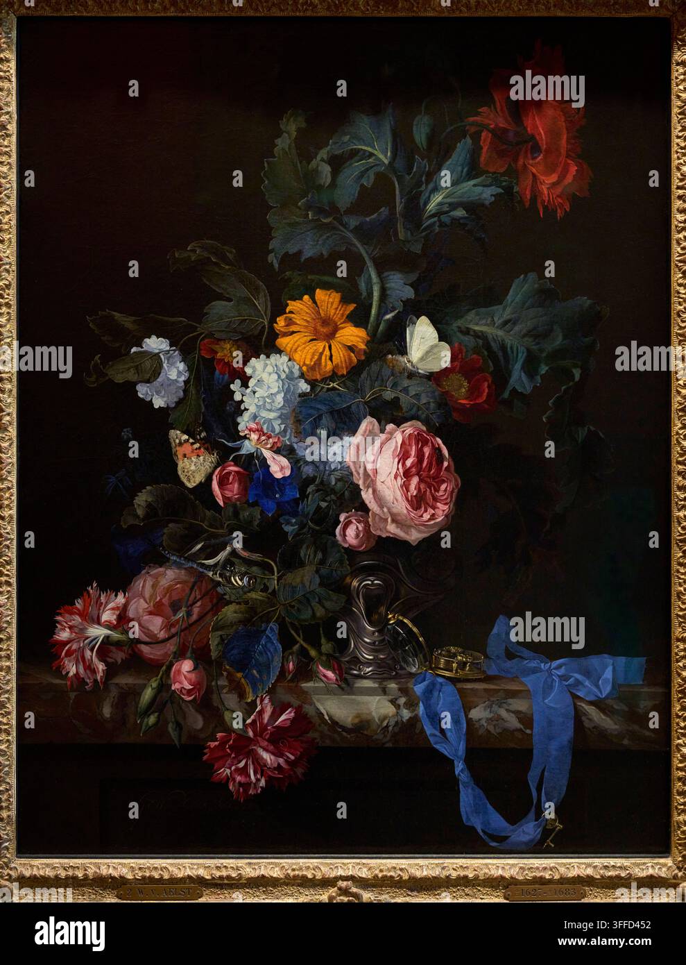 Blumenstilleben mit einer Uhr, 1663, Willem van Aelst (1627-1683), Mauritshuis-Museum, Den Haag, Niederlande Stockfoto