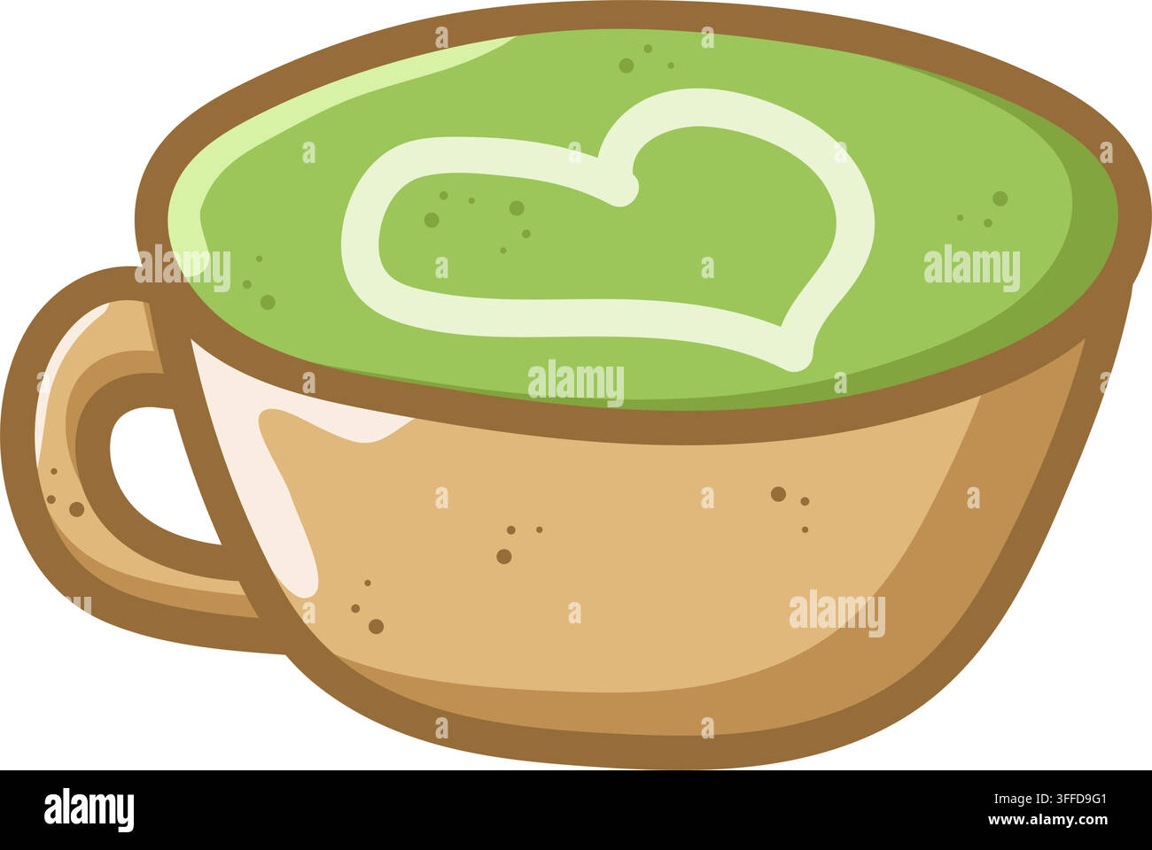 Cartoonartige Illustration einer hellbraunen Tasse gefüllt mit grünem Matcha-Latte mit einem weißen herzförmigen Schaumdesign. Gemütliche Café-Kunst perfekt fo Stock Vektor