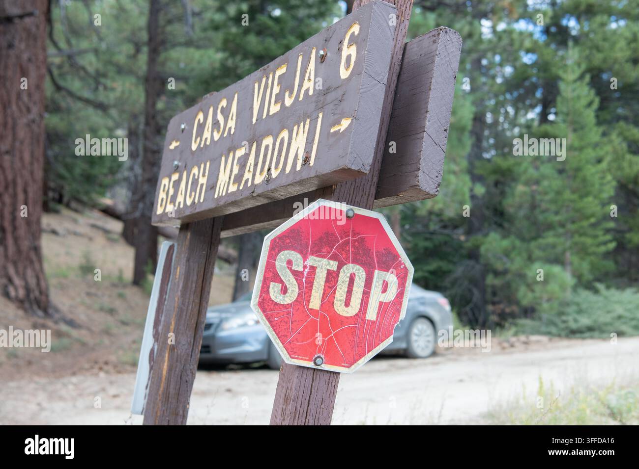 Ein altes, rissiges und verblasstes Stoppschild an der Kreuzung einer Waldstraße und eines OHV-Pfades. Stockfoto
