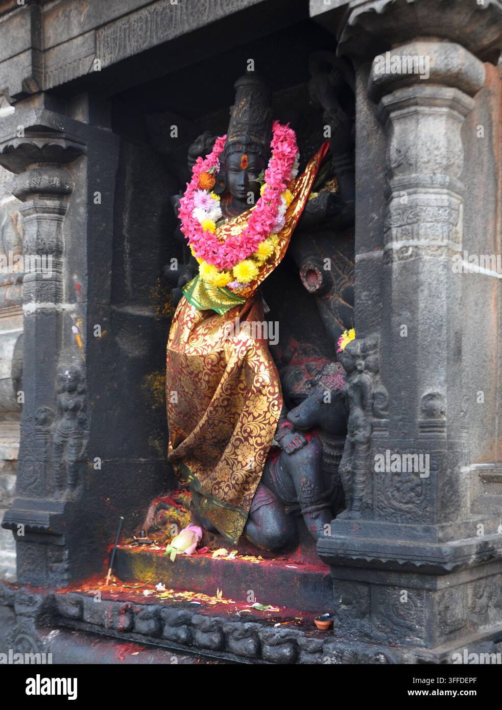 CHIDAMBARAM, INDIEN - 19. Januar 2026: Eine Steinstatue einer Tempelgottheit, gekleidet in einen goldenen Seidensari und geschmückt mit frischen Blumenkränzen Stockfoto