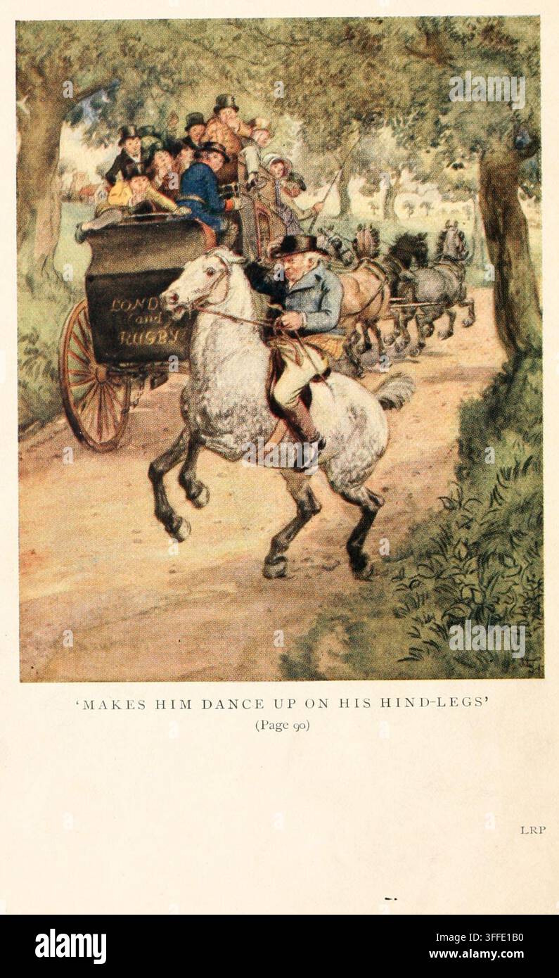 Ein graues Pferd bäumt sich in der Gasse vor einer überfüllten Postkutsche auf. Die Platte trägt die gedruckte Zeile „MAKES HIM DANCE UP ON HIS HIND-LEGS“. Farbtafel gezeichnet von Hugh Thomson für Thomas Hughes' Tom Brown's School-Days, veröffentlicht 1920. Stockfoto