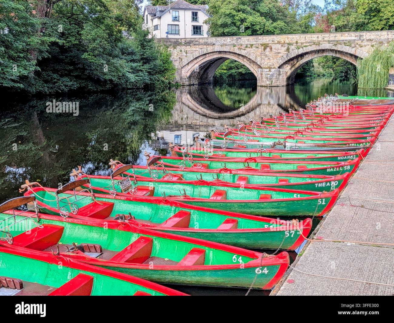 rote und grüne Boote, die am Ufer in Knaresborough aufgereiht sind Stockfoto