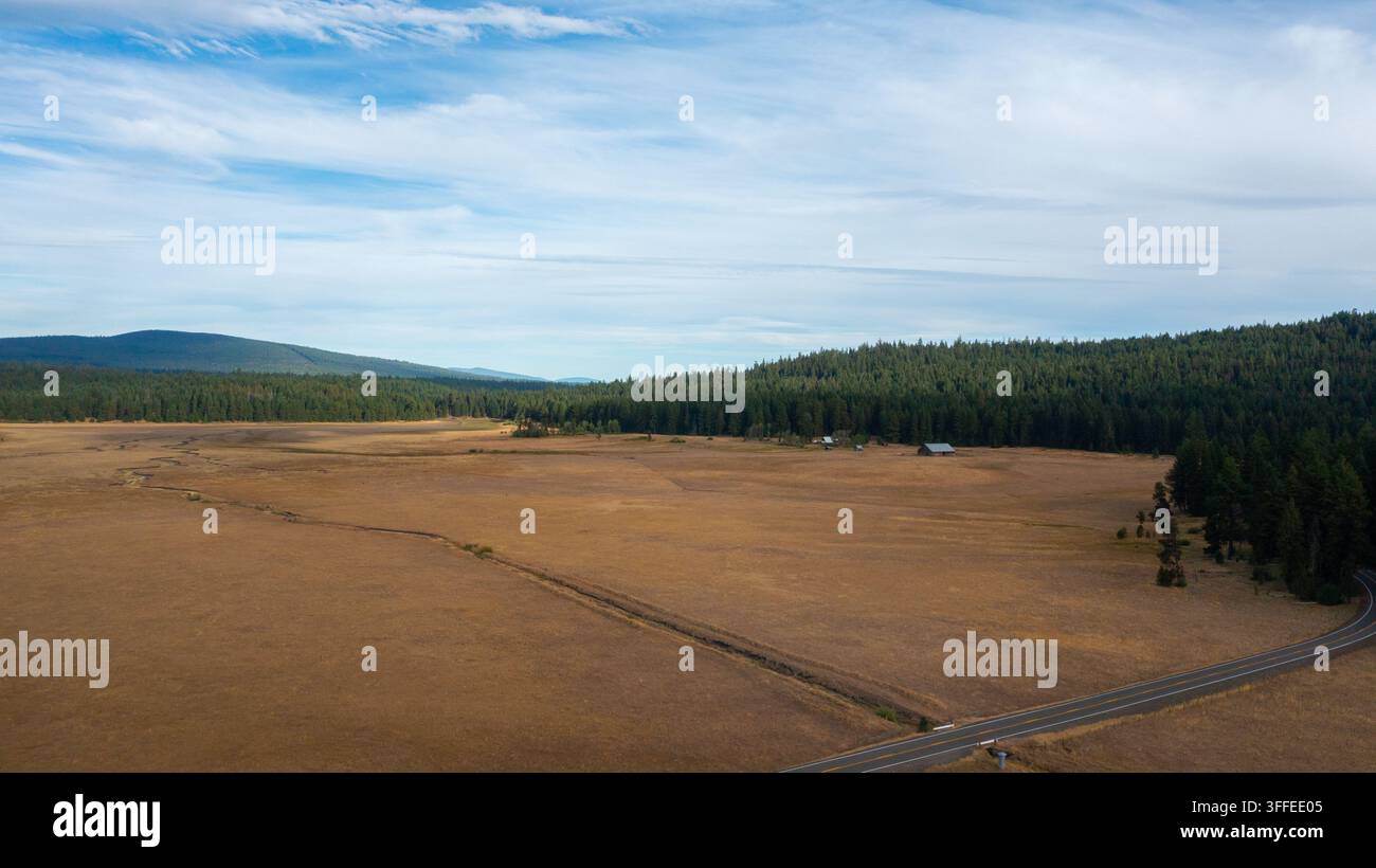 Luftbild des Cascade-Siskiyou-Nationalmonuments mit einer weiten trockenen Wiese, einem dichten immergrünen Wald und einer sich windenden Straße unter einem strahlend blauen Himmel in A Stockfoto