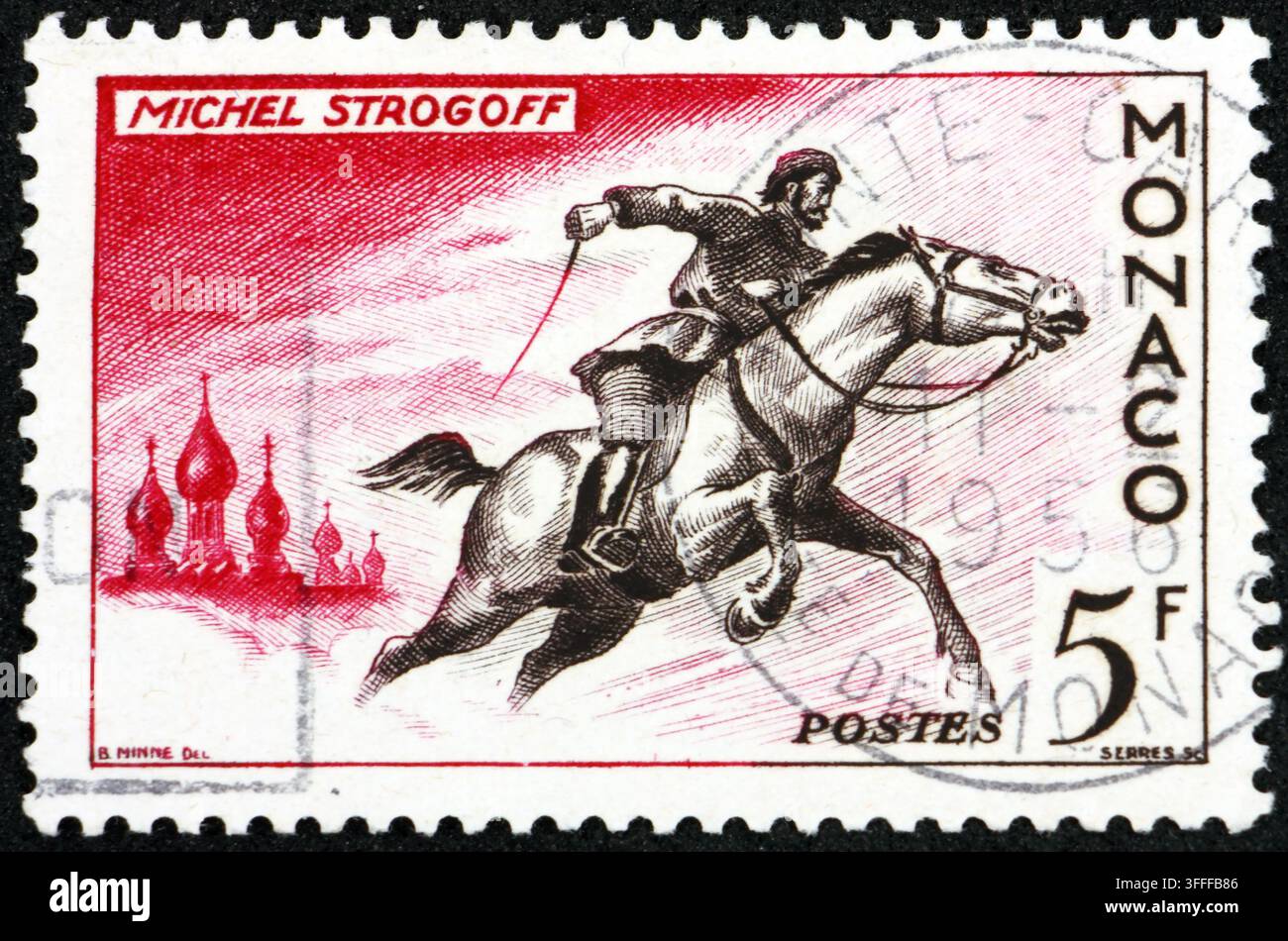 MONACO - CIRCA 1955 ein in Monaco gedruckter Briefmarkenabzug zeigt Michael Strogoff, literarische Figur aus einem Roman von Jules Verne, Der Kurier des Zaren, ci Stockfoto