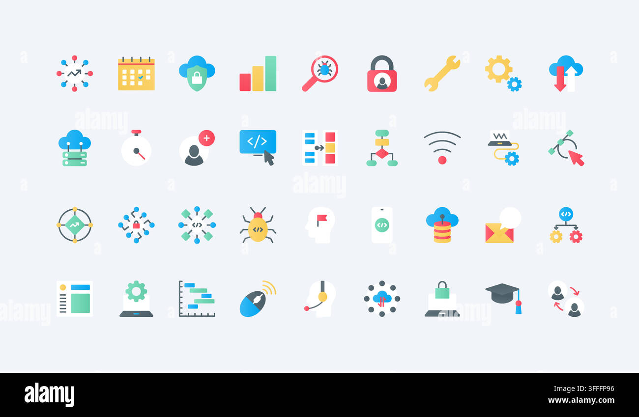 Codierungs- und Programmier-Symbole für Softwareentwicklung, Cloud-Computing, Debugging, Automatisierung, Analytik, Sicherheit und digitale Ingenieurarbeit Workflows flache Icons Set Vektorillustration Stock Vektor