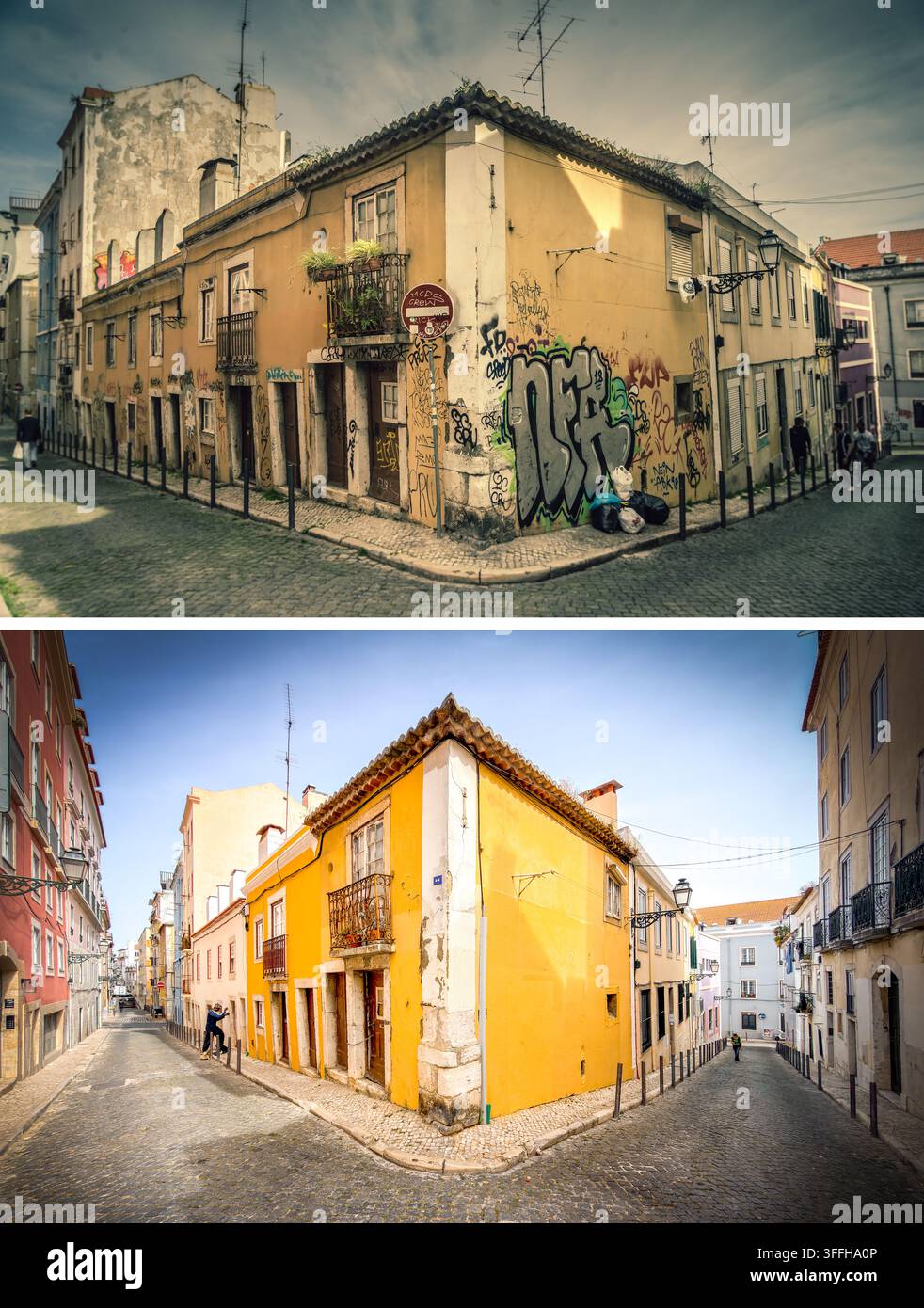Sanierung im Bairro Alto, Lissabon. Bilder, die 2018 und 2026 aufgenommen wurden. Stockfoto