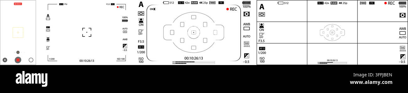 Smartphone, DSLR-Kamera-Rec-Overlay-Pack isoliert auf transparentem Hintergrund. 16:9, 4:3, 21:9-Recorder-Kamera-Display. Video- oder Fotoaufnahmescreen. Sucher Stock Vektor