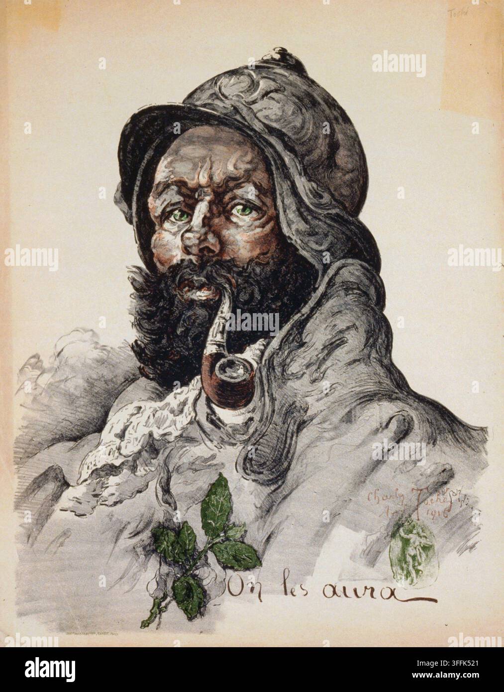 Farblithografie mit einem Büstenporträt eines entschlossenen, stark bärtigen französischen Infanteristen (Poilu), der eine Pfeife raucht, während er einen Adrian-Helm Modell 1915 und eine abgenutzte Trench-Capote trägt. Unterhalb ist mit einem Blattbüschel die ikonische Kriegsparole „On les aura!“ („Wir kriegen sie!“) eingraviert, die während der Schlacht um Verdun populär wurde. Illustriert vom französischen Künstler Charles (Charly) Toché, datiert auf August 1916. Stockfoto