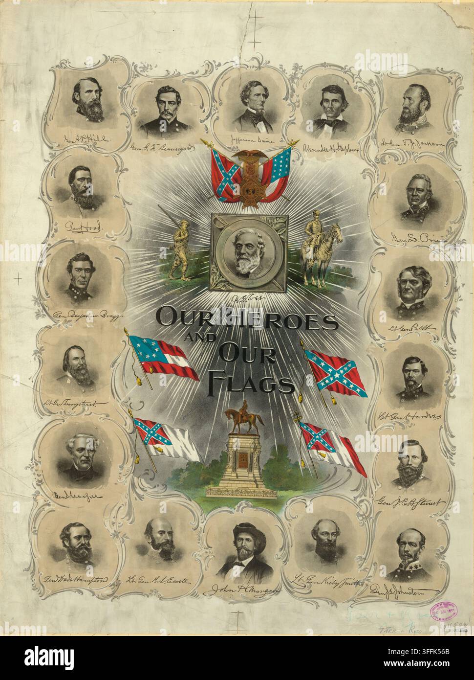 Gedenkdruck für die Konföderation, veröffentlicht 30 Jahre nach dem Ende des Amerikanischen Bürgerkriegs. Porträts, im Uhrzeigersinn von der oberen Mitte beginnend, von "Jefferson Davis, Alexander H. Stephens, Lt. Gen. T.J. (Stonewall) Jackson, Gen. S. Price, Lt. Gen. Polk, Lt. Gen. Hardee, Gen J.E.B. Stuart, Gen. J.E. Johnston, Lt. Gen. Kirby Smith, John H. Morgan, Lt. Gen. R.S. Ewell, Gen. Wade Hampton, Gen. S. Cooper, Lt. Gen. Longstreet, Gen. Benjamin (d.h. Braxton) Bragg, Gen. Hood, Gen. A.P. Hill und Gen. G.F. (d.h. G.T.) Beauregard," umgeben das zentrale Bild von Robert E. Lee, einer Reiterstatue, und vier Konföderierten Stockfoto