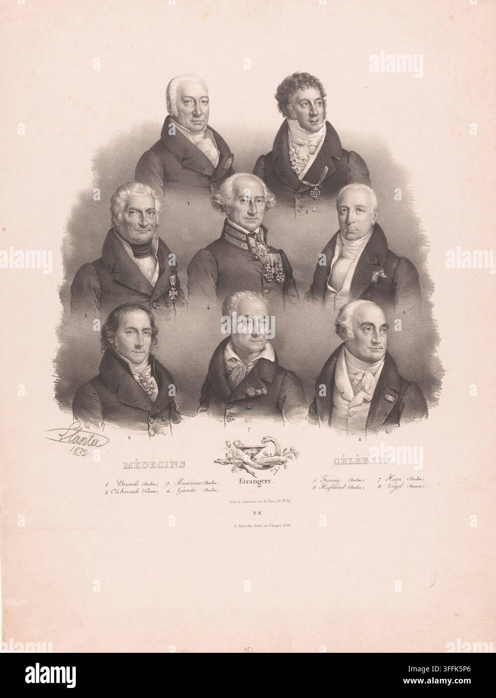 Archivaler lithographischer Druck, der kollektive Brustporträts von acht bedeutenden europäischen Ärzten und medizinischen Pionieren des 18. und 19. Jahrhunderts zeigt, ausgeführt vom französischen Zeichner und Lithografen Jacques François Gauderique Llanta im Jahr 1832. Arrangiert mit einem entsprechenden nummerierten Register unten, gedenkt das Blatt führender Persönlichkeiten der deutschen und österreichischen Medizin, darunter prominente klinische Pädagogen, preußische Militärchirurgen und Hofärzte: Karl August Wilhelm Berends (1759–1826), klinischer Professor und Direktor des Charité-Krankenhauses in Berlin; Karl Borromäus Graf von Harrach ( Stockfoto