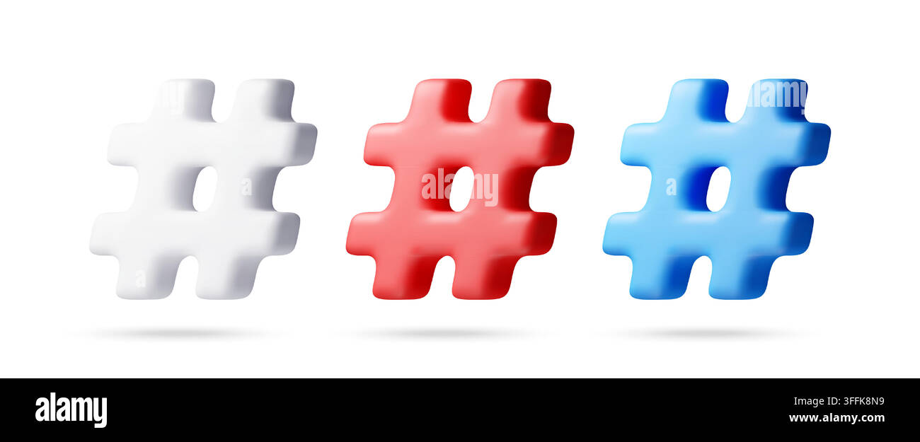 3D-Hashtag-Symbole in Weiß, Rot und Blau. Stock Vektor