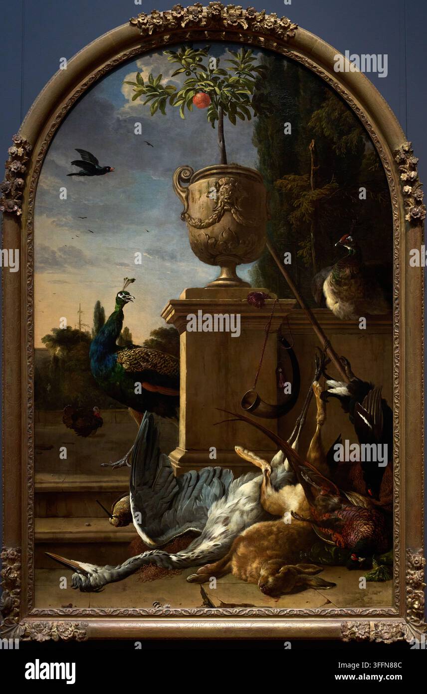 Jägerbeutel auf einer Terrasse, 1678, Melchior d'Hondecoeter (1636-1695), Rijksmuseum, Amsterdam, Niederlande Stockfoto