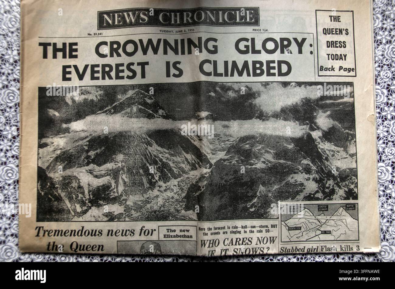 Archivbild vom News Chronicle (02. Juni 1953), das über die britische Everest-Expedition berichtete, die den Gipfel erreichte Stockfoto
