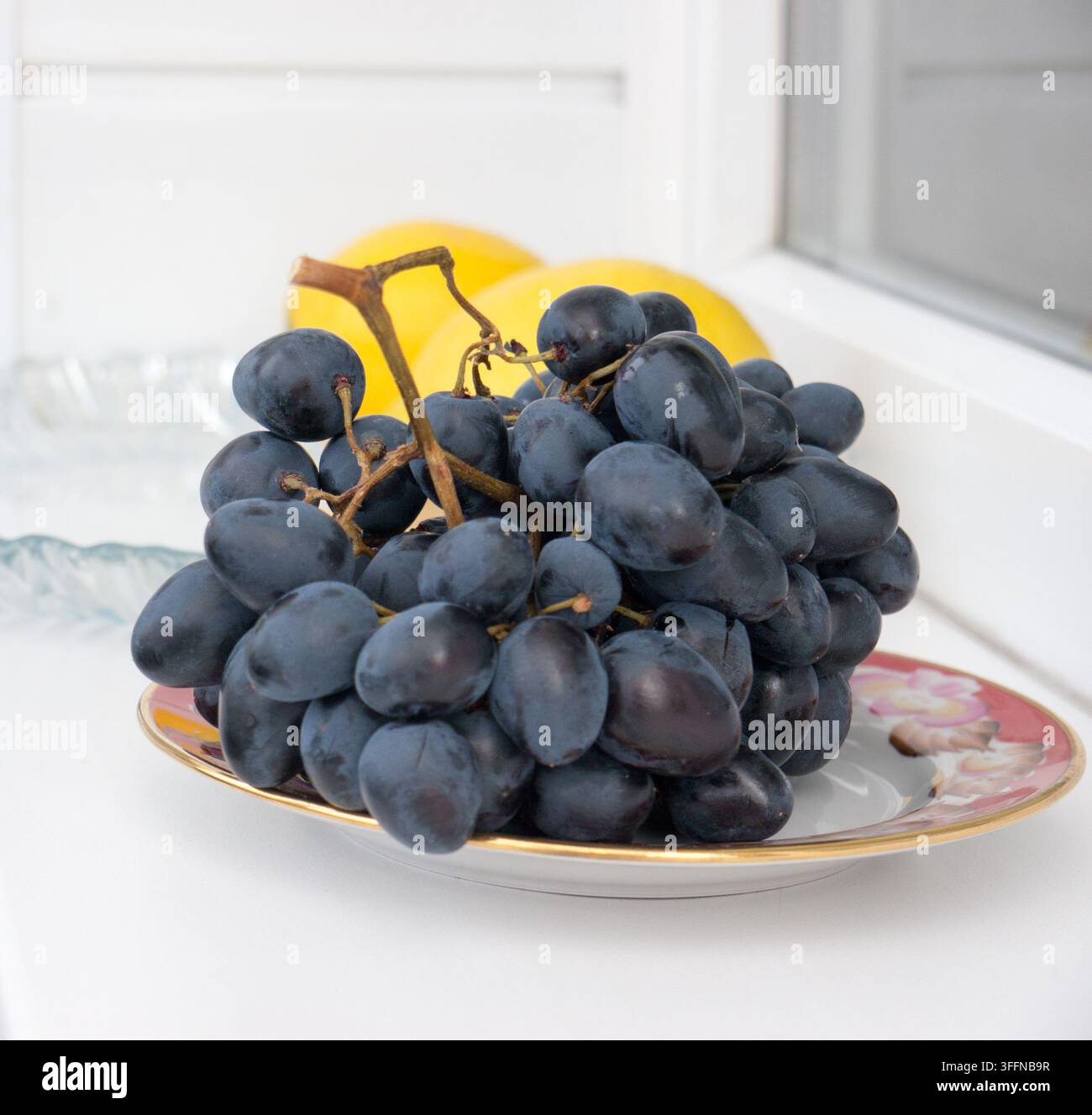 Schwarze Trauben und zwei Zitronen. Stockfoto