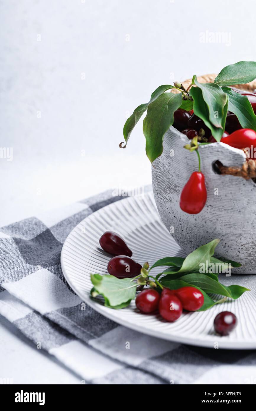 Hartriegelbeeren auf weißem Teller mit blättrigem Zweig und Schüssel Stockfoto