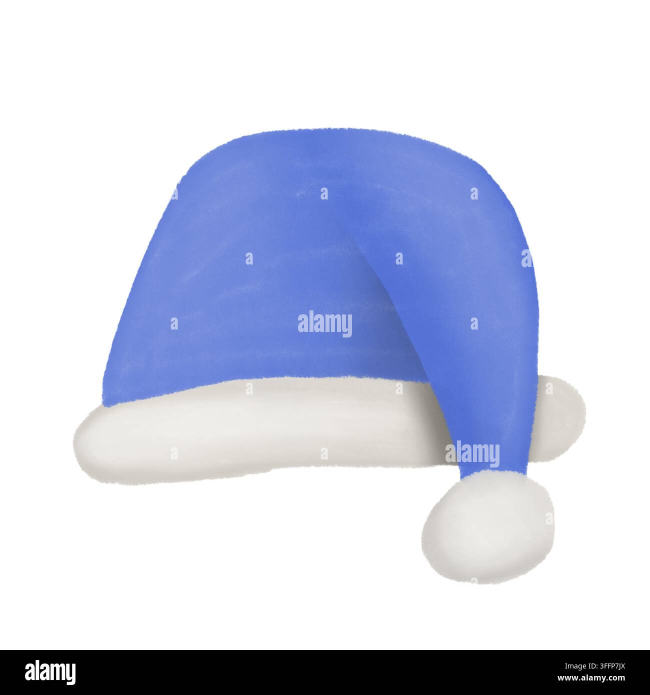 Handgezeichneter blauer Winter-Santa-Hut mit weißem flauschigem Besatz auf weißem Hintergrund Stockfoto
