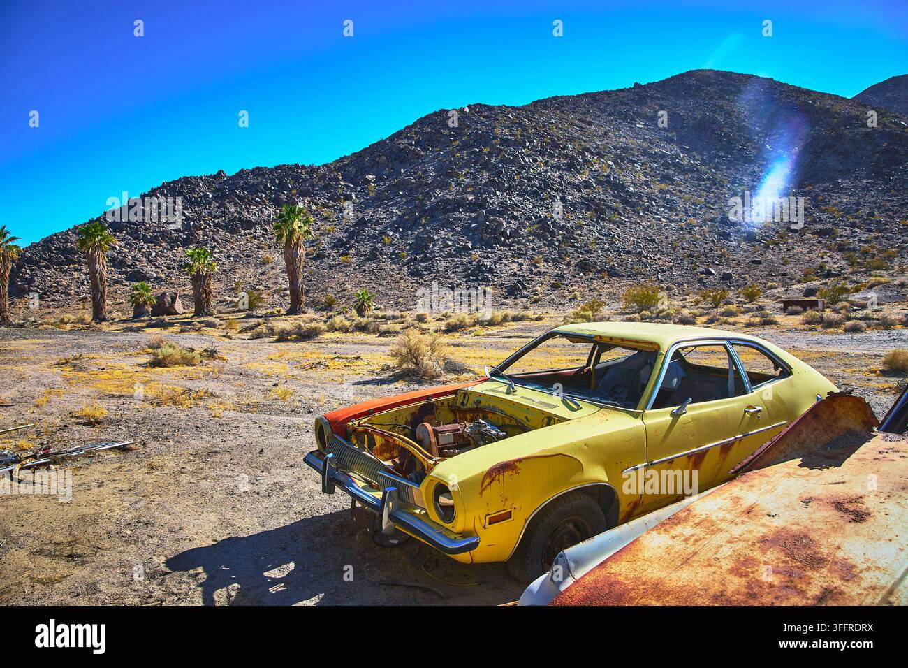 Schülergruppe Gelbes Auto Wüstenlandschaft mit felsigen Hügeln Palmen in Zzyzx, Kalifornien, Gäste des Desert Study Center Stockfoto