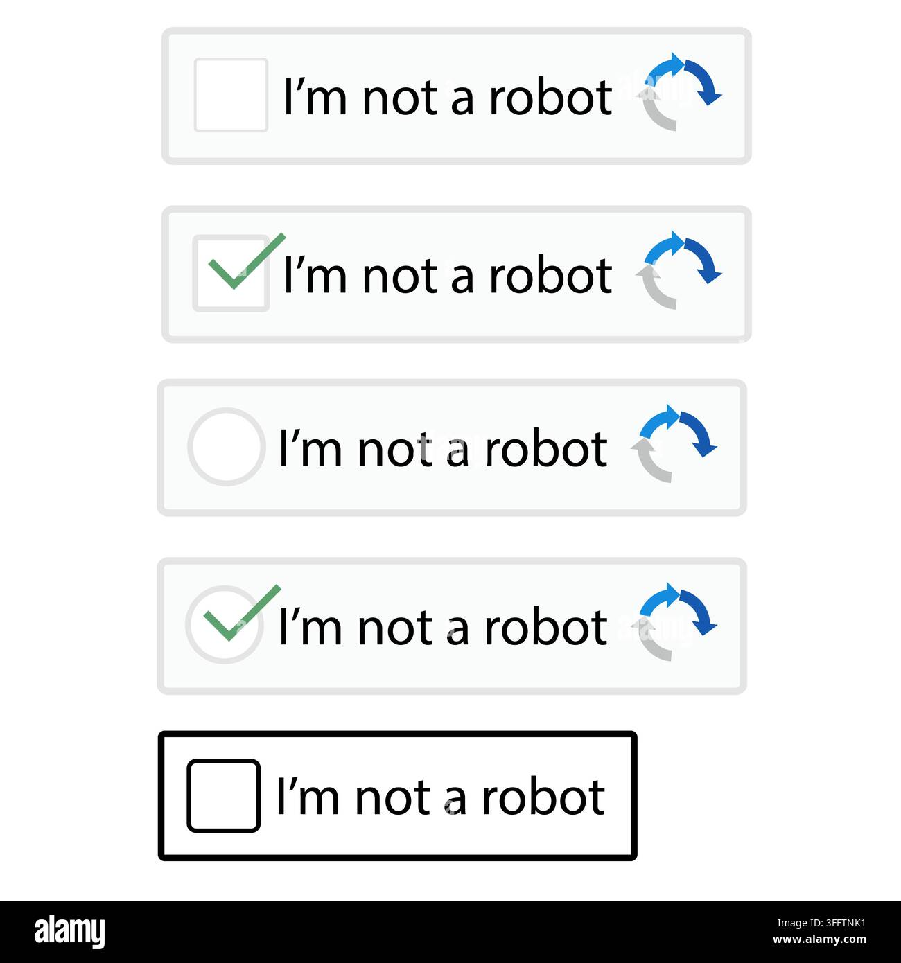 Captcha- und Recaptcha-Schaltfläche. Ich bin kein Roboter-Captcha-Schaltfläche. Websicherheit ReCAPTCHA-UI-Element in eckiger Form. Captcha-Verifizierungssymbol. Flacher Stil. Stockfoto