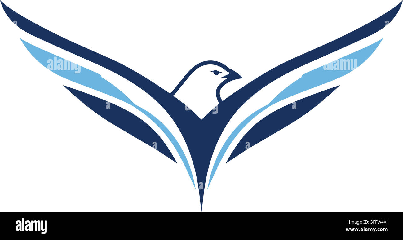 Flache Illustration einer stilisierten Vogelsilhouette mit ausgebreiteten dunkelblauen Flügeln und hellblauen inneren Federbändern, die ein Emblemdesign bilden Stock Vektor