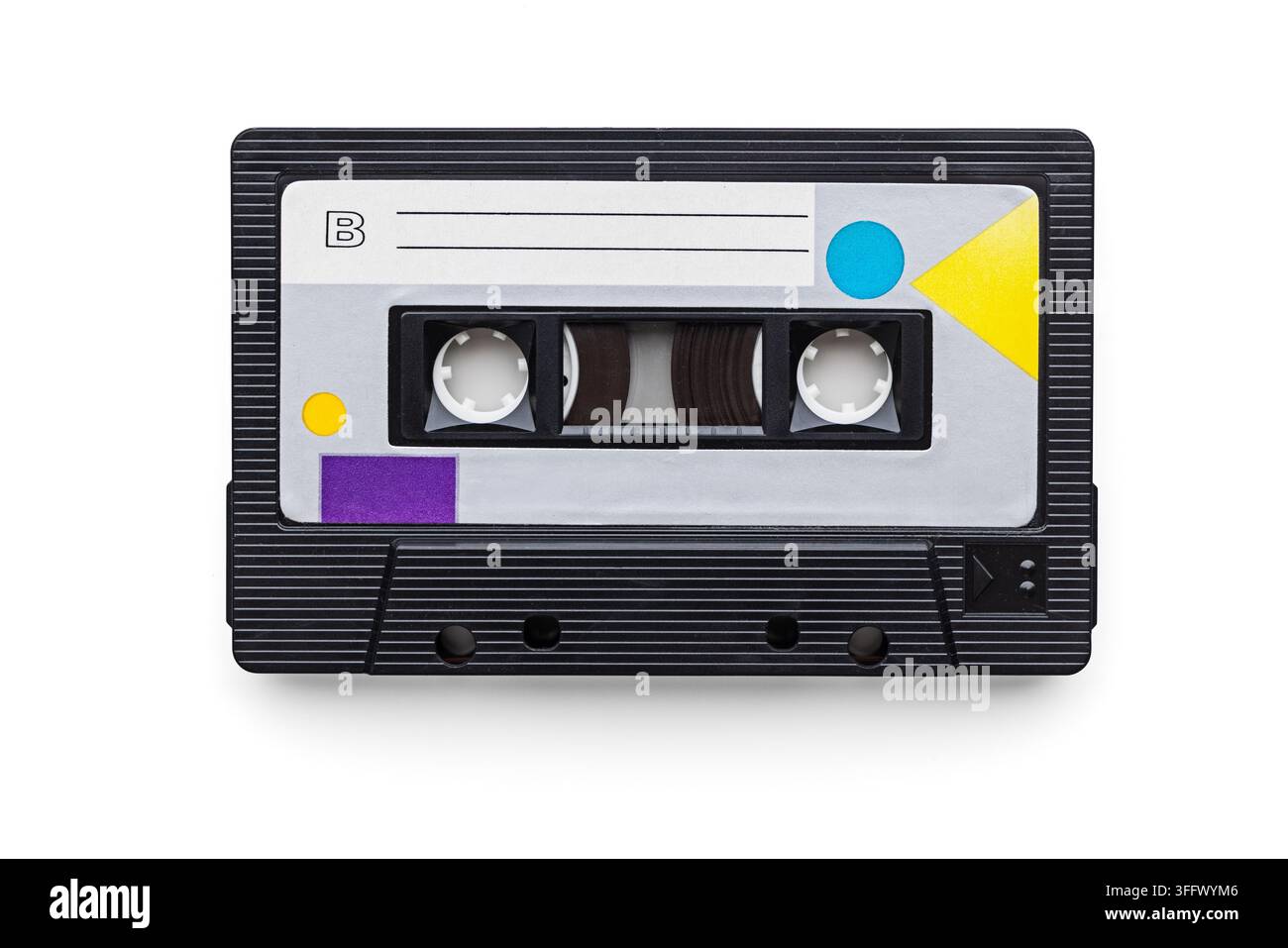 Vintage-Schwarz-Audio-Kassette Seite B Topansicht isoliert auf weißem Hintergrund Stockfoto