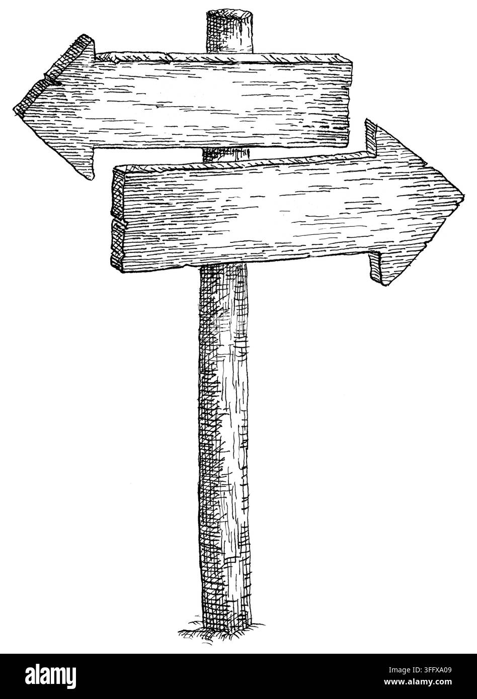 Handgezeichnete Federillustration eines alten Holzpfostens mit zwei Pfeilen, die in entgegengesetzte Richtungen zeigen. Stockfoto