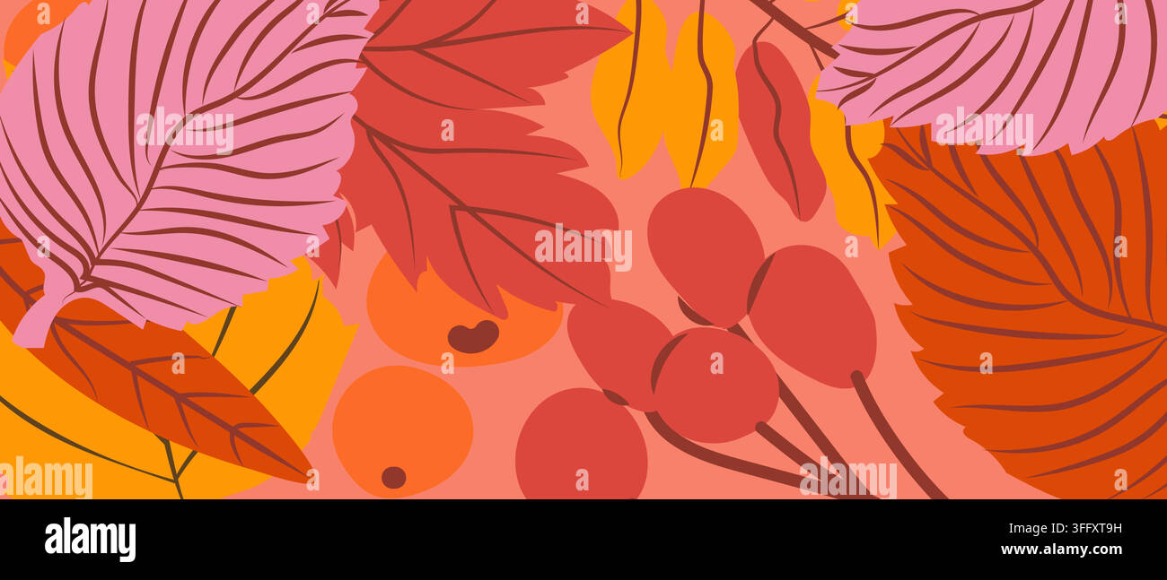 Roter Herbsthintergrund auf pinkfarbenem Hintergrund. Handgezeichnete Vektorillustration mit roten und gelben Blättern, orangefarbener Beere. Stock Vektor