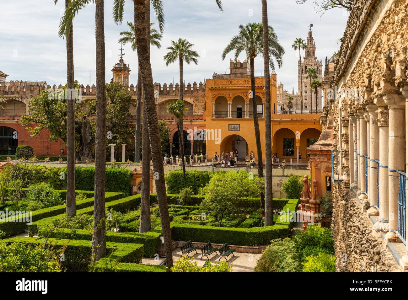 Sevilla, Spanien, 2. Juni 2026. Königliche Alcazar-Gotische Palastgärten unter der Groteskengalerie und Giralda Stockfoto