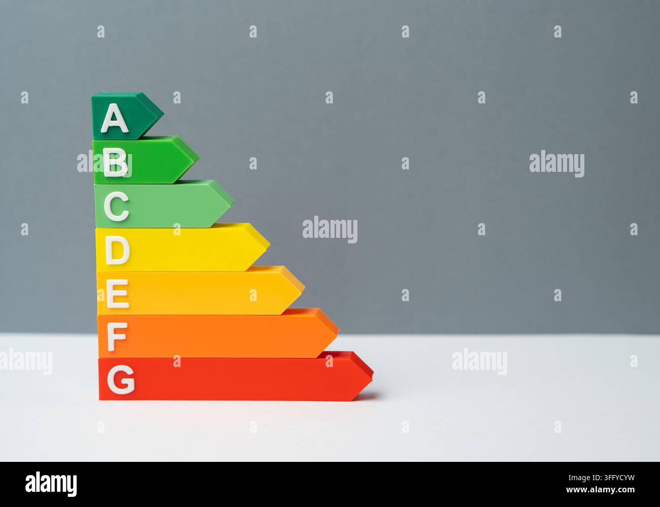 Eine Effizienzskala. Eine Rangliste von der besten zur schlechtesten. Energieeffizienz. Konzept der Leistungsrangfolge und des Vergleichs. Symbol der Qualitätsbewertung an Stockfoto