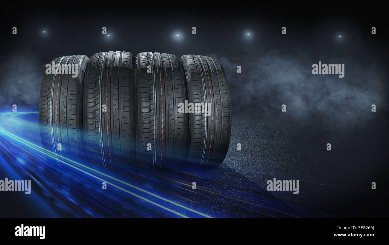 Reifen auf Asphalt – cooles Hintergrundbild. Techniker ersetzt Winter- und Sommerreifen für eine sichere Roadtrip-Sicherheit. Transport und Fahrzeugwartung con Stockfoto