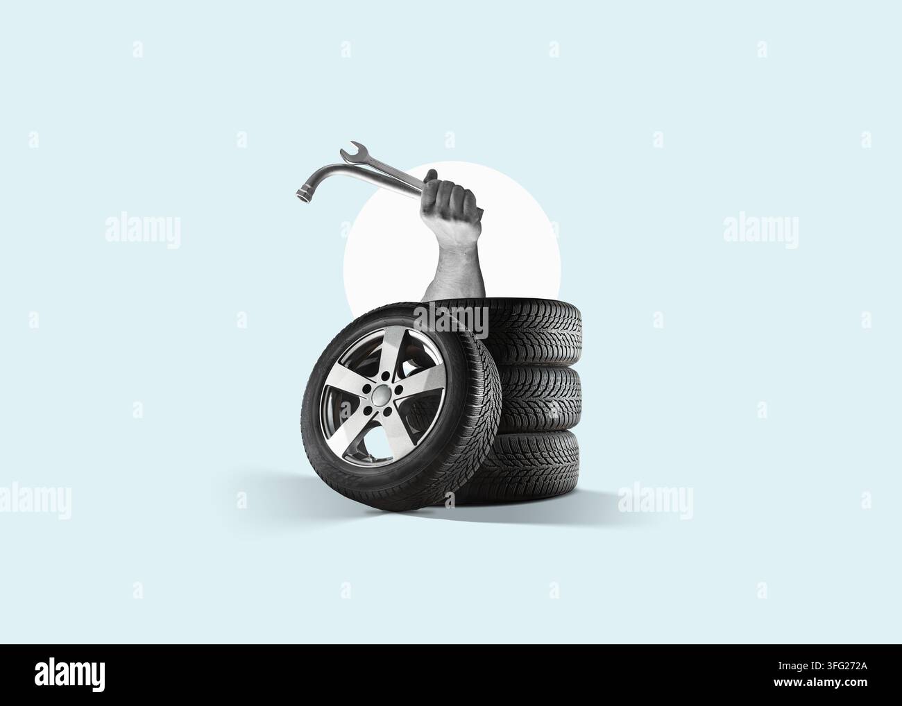 Mechaniker mit Schraubenschlüssel auf dem isolierten weißen Hintergrund. Flachdesign-Kunstcollage, Stockfoto