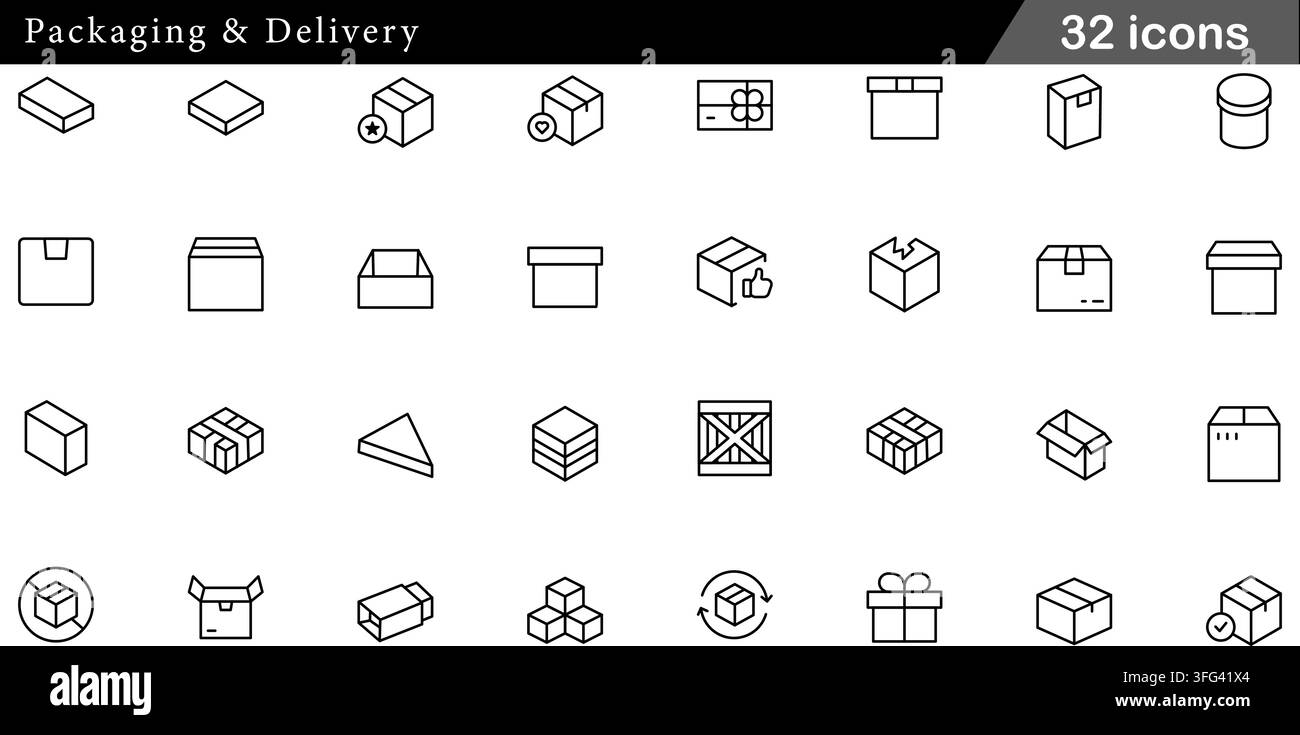 Paket- und Lieferlinien-Symbolset mit 32 Umriss-Symbolen, darunter Paketboxen, Versandkisten, Geschenkbox und offene Kartonbehälter. Stock Vektor