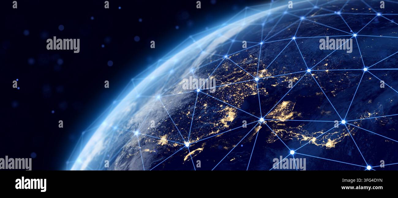 Planet Erde. Globale Netzwerkverbindung in Ostasien, Big-Data-Übertragung, Cyber-Technologie, Netzwerk und Telekommunikation. Enthält NASA-Bildelemente. Stockfoto