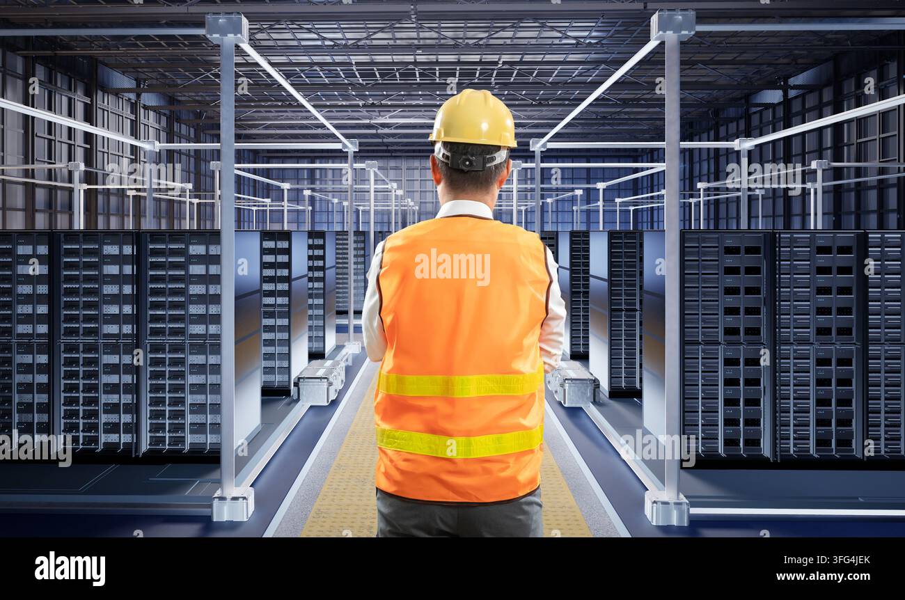 Programmierer oder Ingenieur mit Computer-Notebook arbeitet in einem Rechenzentrum oder Serverraum Stockfoto