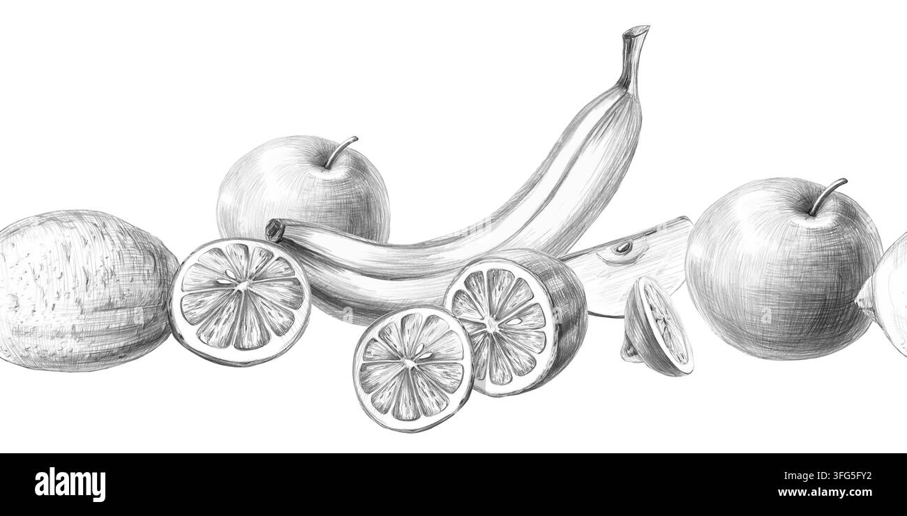 Apfel, Zitrone und Banane in einer nahtlosen Bordüre. Isolierte Bleistiftillustration für Kaffeemenüs, Öko-Markenverpackungen, Skizzenbücher, Kinderbuchdesigns Stockfoto