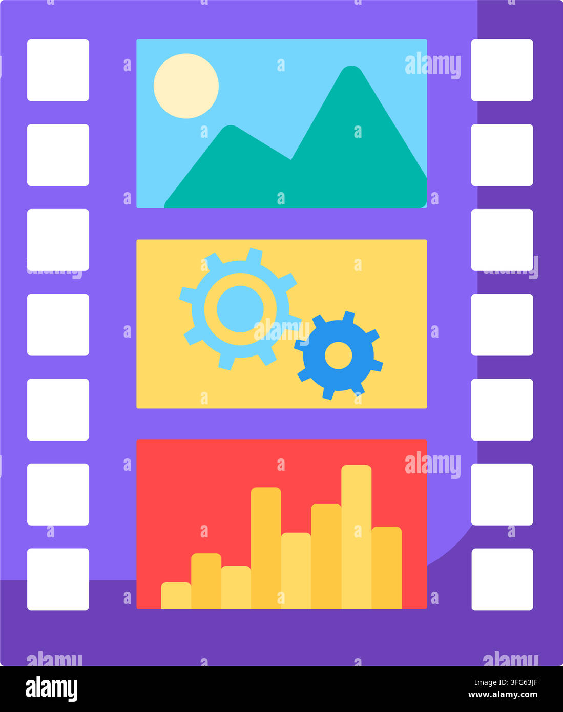Flachsymbol für Videobearbeitungsframes mit Filmstreifen. Lila Filmstreifenrahmen mit drei Vorschaubildern für Videoinhalte, Berglandschaftsbild und Zahnrad Stock Vektor