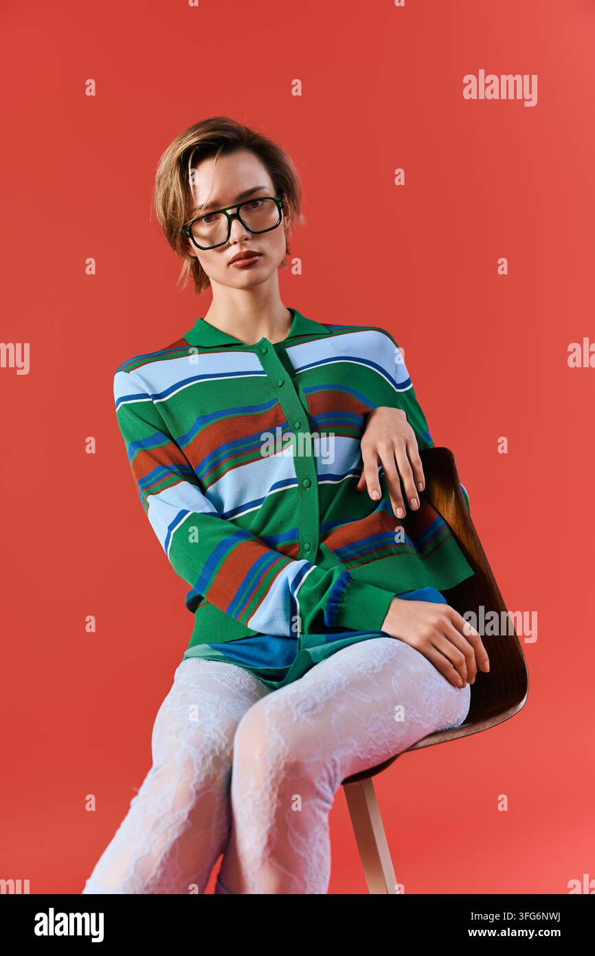 Eine junge Frau posiert in einem lebendigen Studio und präsentiert modische Brillen und lässige Chic-Kleidung Stockfoto