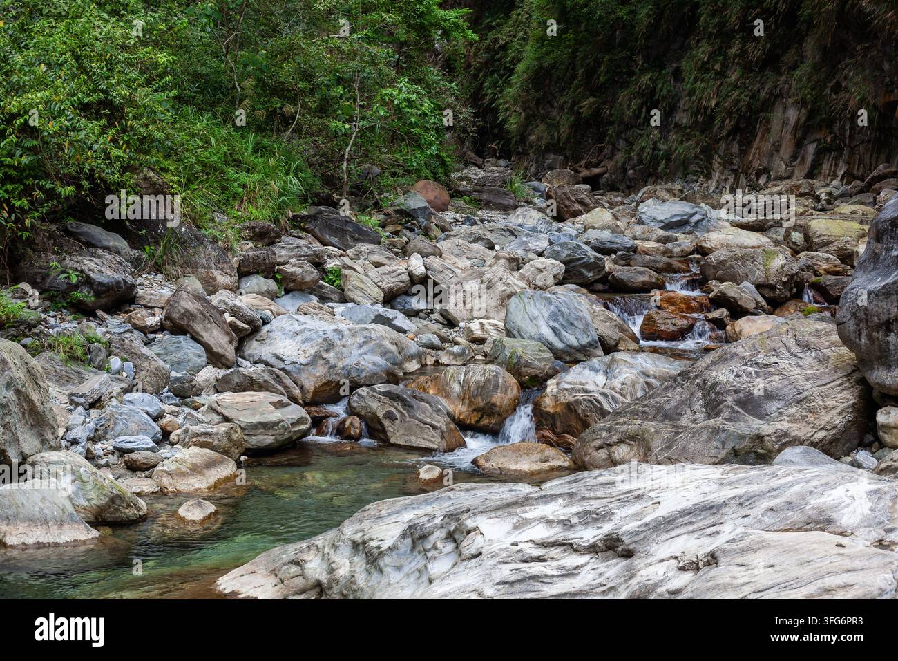 Sanzhanxi-Bach im Taroko-Nationalpark. Klares Wasser fließt über ein felsiges Flussbett mit grünen Bäumen. Natürliche Waldlandschaft in Hualien, Taiwan. Stockfoto