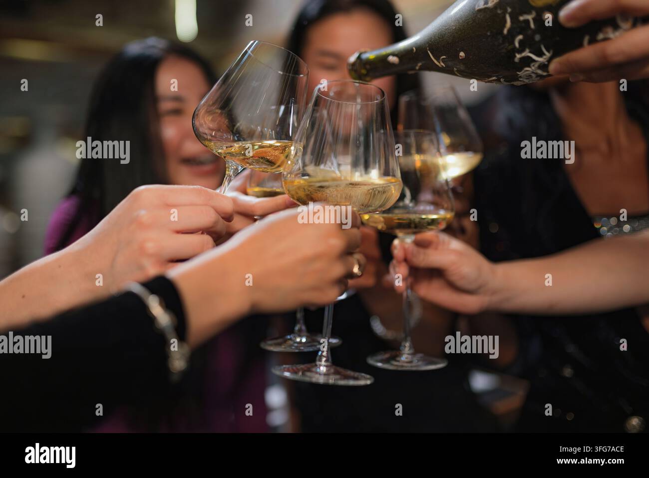 Verschiedene Frauen versammeln sich in einem Restaurant, lächeln und stoßen mit Champagnergläsern an, um ihre Freundschaft zu feiern. Stockfoto