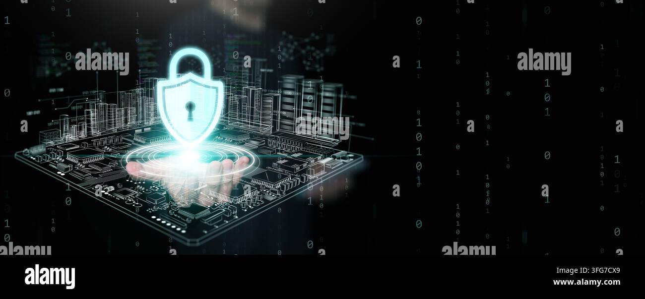 Cybersicherheitskonzept. Eine Männerhand mit leuchtendem Schild-Vorhängeschloss über einem Stromkreisbrett für System- und Datenschutz, Sicherheit, Privatsphäre und Sicherheit mit Bi Stockfoto