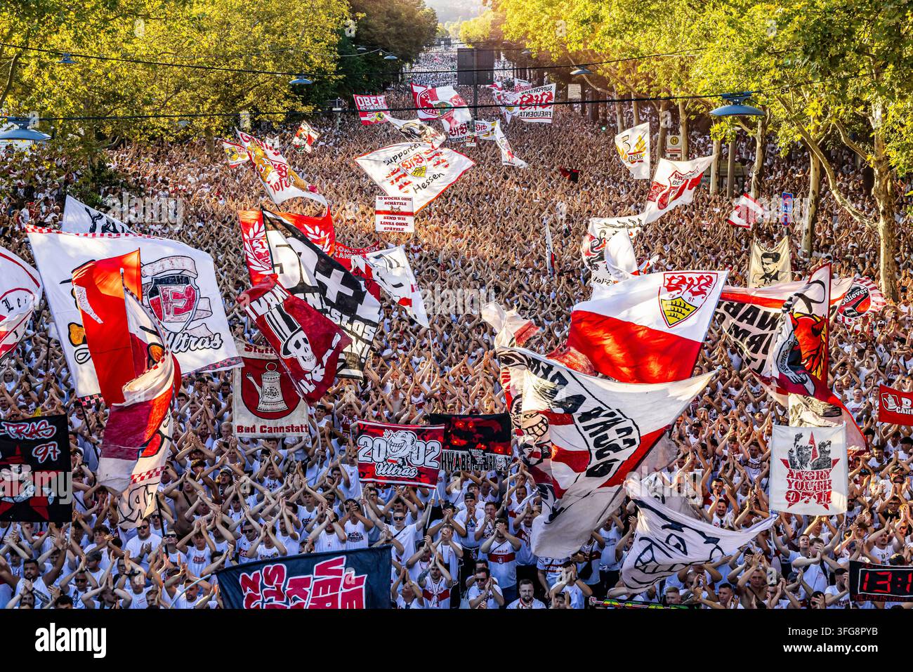 Erstes Heimspiel der Saison 2026-2027 gegen den 1. FC Köln: Anhänger des VfB Stuttgart ziehen als Karawane Cannstatt ins Stadion. Deutlich über 10000 Stockfoto