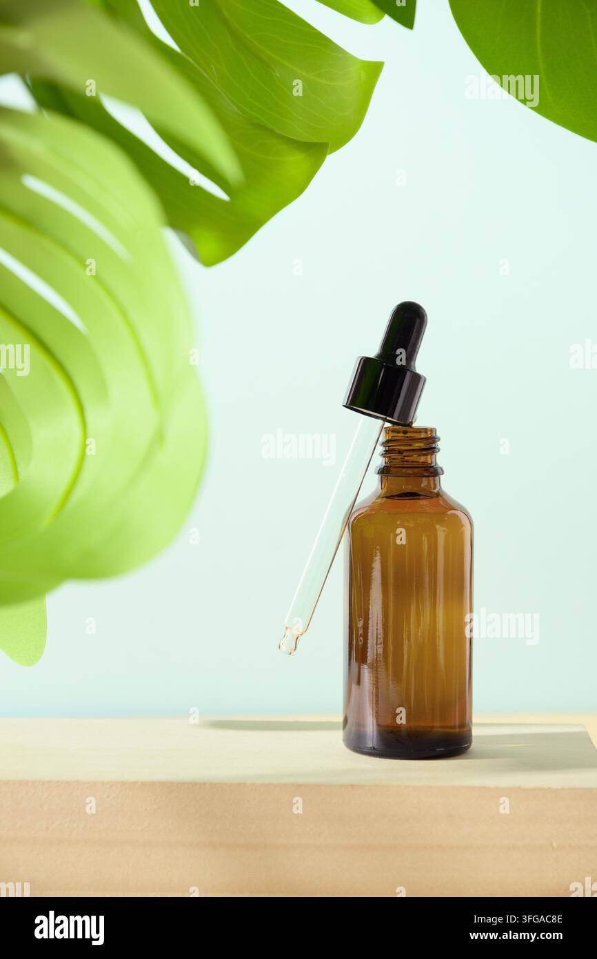 Minimale vertikale moderne Komposition mit kosmetischem Öl in der Flasche auf natürlichem beigefarbenem und blauem Hintergrund mit tropischen Blättern. SPA-Konzept für die Körperpflege. Stockfoto