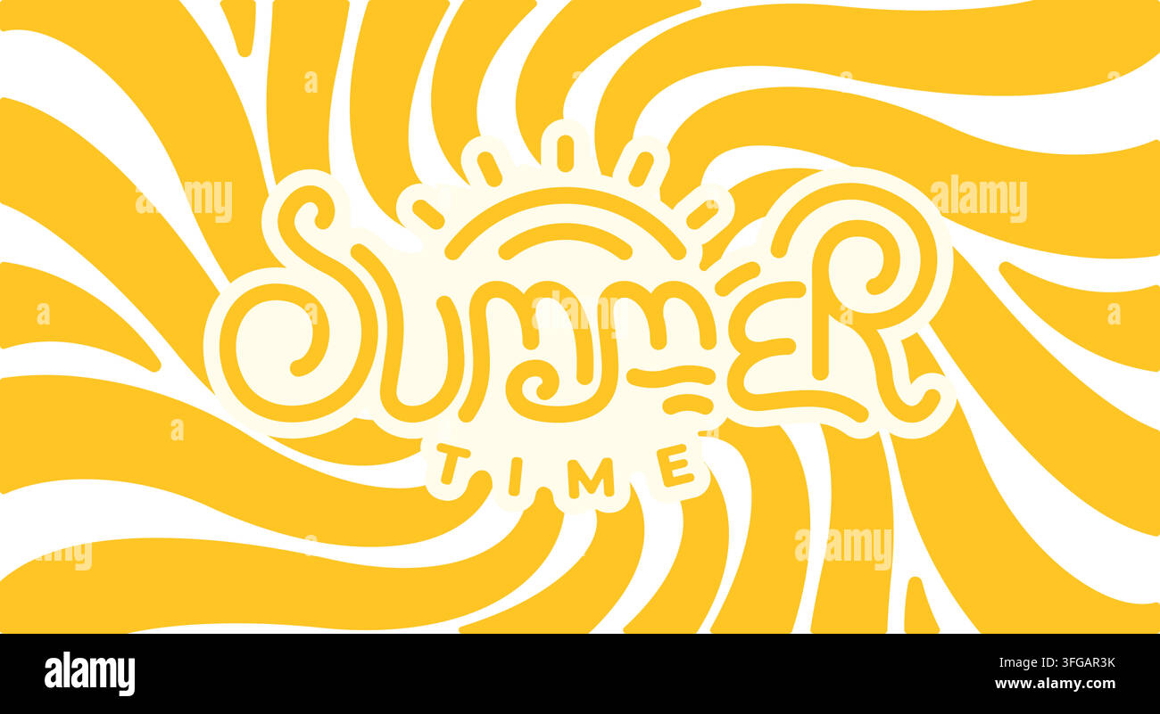 Sommertime-Vektorillustration mit verspielter handgeschriebener Typografie, einem stilisierten Sonnen-Icon und lebhaften gelben Sonnenstrahlen im Hintergrund. Stock Vektor